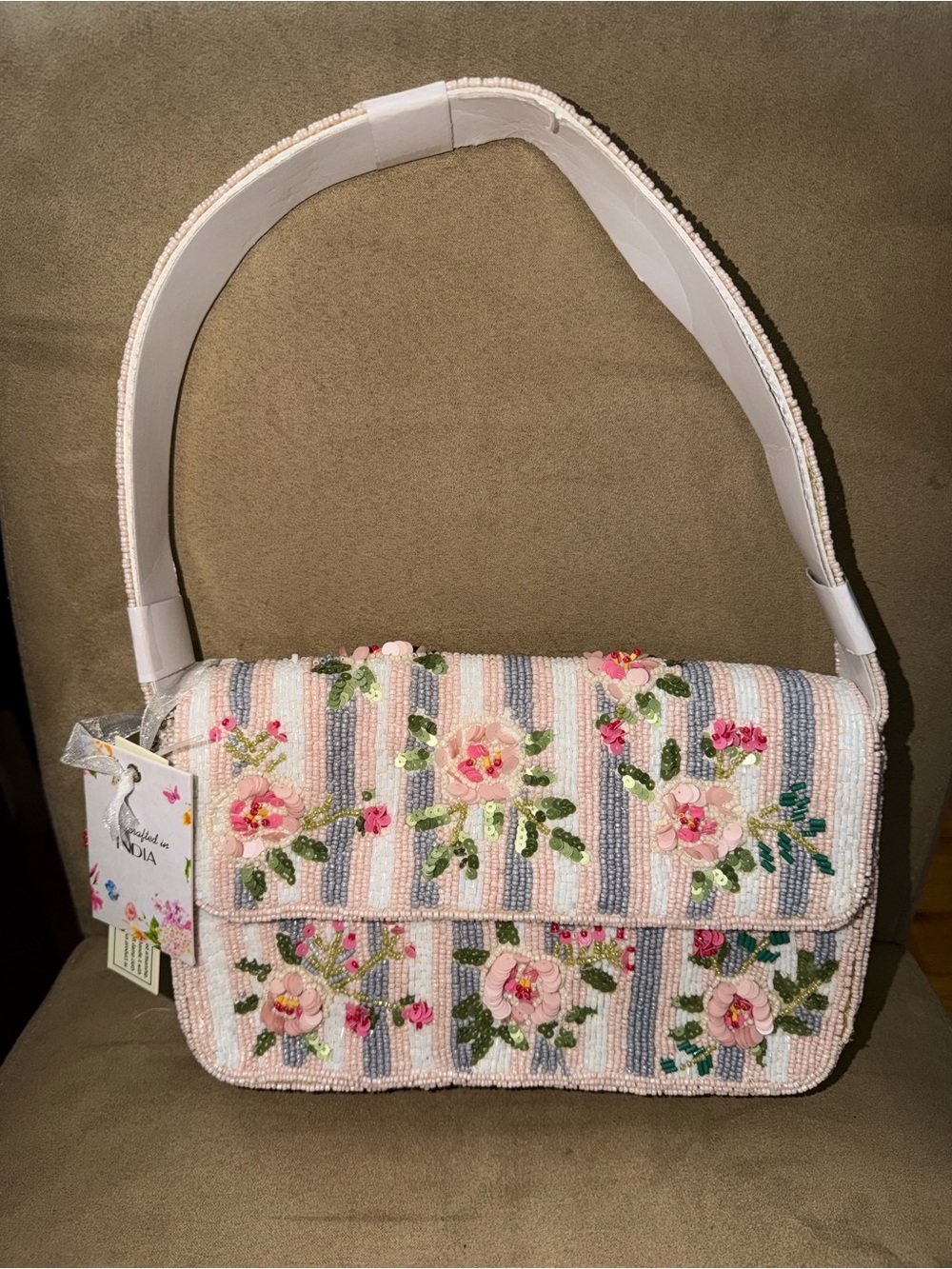Hand-Beaded Floral Shoulder Bag in Pink and Blue